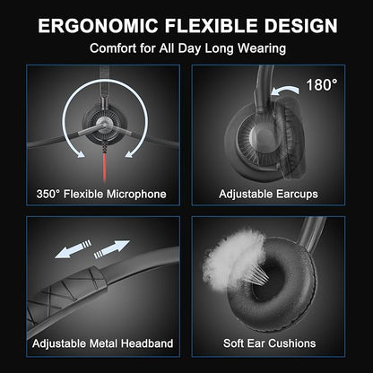 Callez USB Headset with ENC Dual Mic Noise Cancelling for PC Laptop Mac, Computer Headset with MS Teams Call Button Wired Stereo Headphones for Teams Zoom Home Office Work Call Center