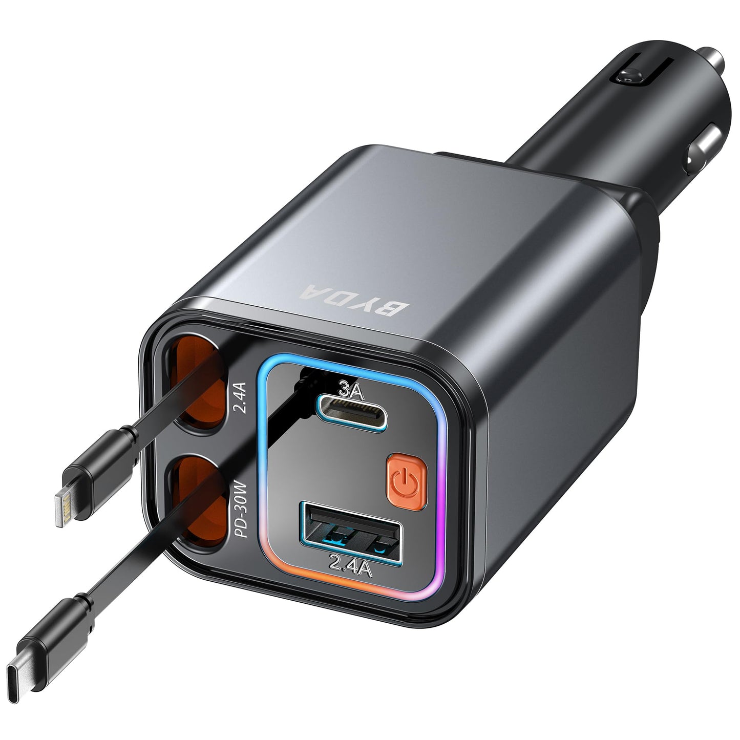 4 in 1 Retractable Car Charger,69W USB-C Fast Car Charger, for iPhone 17/16/15/14/13/12/11, Android,Pixel,Cigarette Lighter Charger (for Type C+Lightn-ing)
