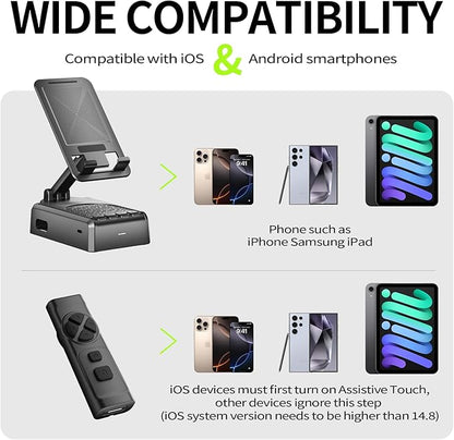 Cell Phone Stand with Bluetooth Speaker and Remote Control(Video Control/Camera Control),Birthday Gift, Portable Bluetooth Speaker for Home and Outdoors, All Day Playtime, Compatible with iOS/Android