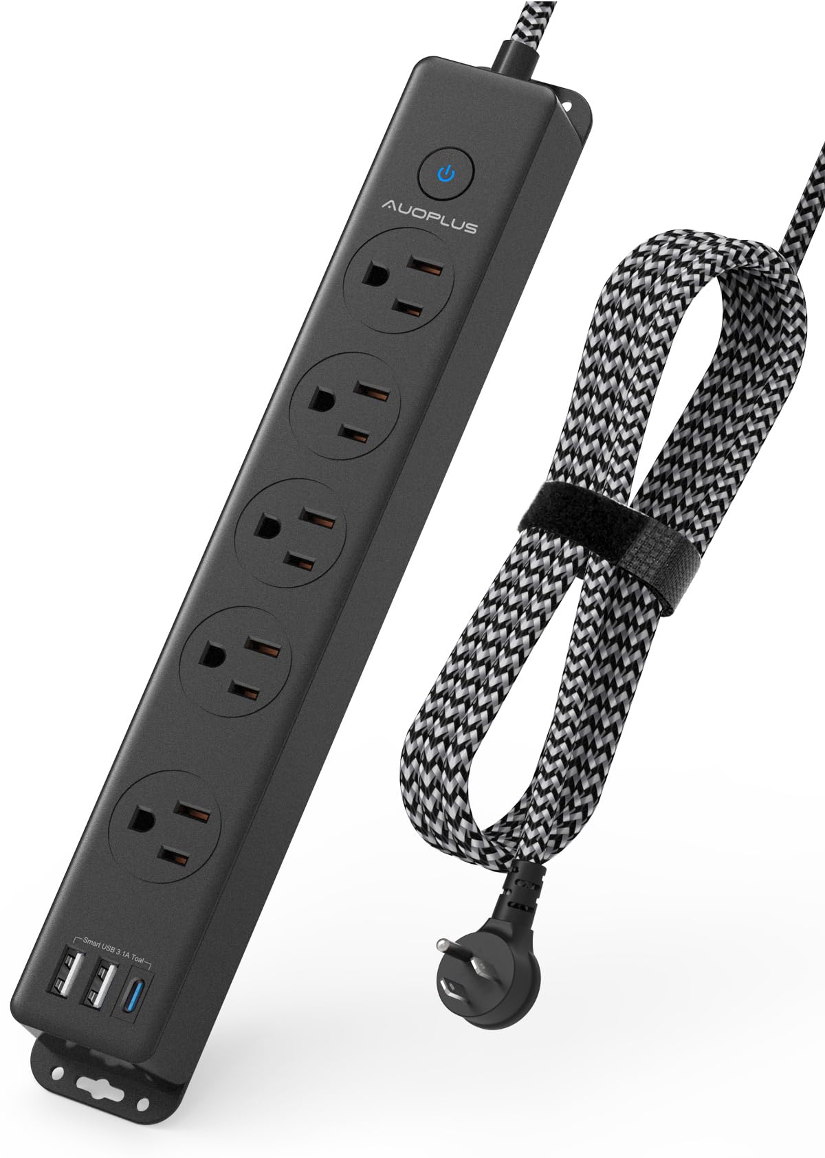 Surge Protector Power Strip with USB C Ports, 5FT Braided Extension Cord, 5 Outlets and 3 USB Ports(1 USB C), AUOPLUS Mountable Power Strips Flat Plug with Overload Protection