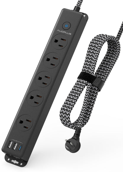 Surge Protector Power Strip with USB C Ports, 5FT Braided Extension Cord, 5 Outlets and 3 USB Ports(1 USB C), AUOPLUS Mountable Power Strips Flat Plug with Overload Protection
