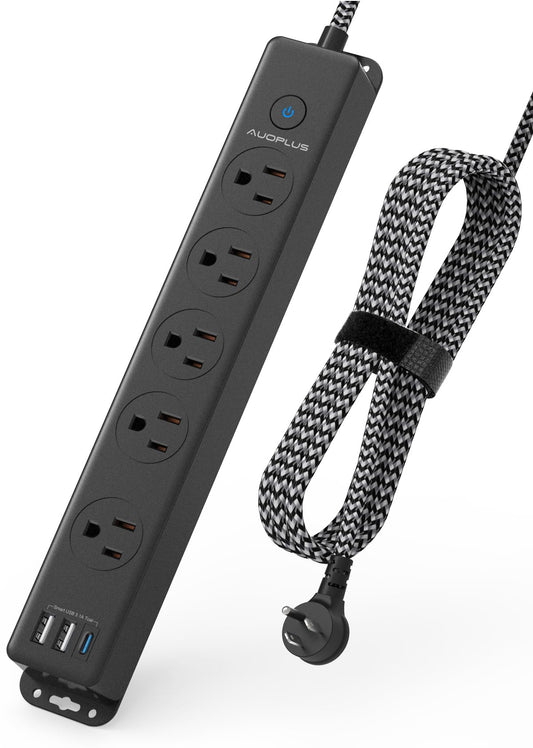 Surge Protector Power Strip with USB C Ports, 5FT Braided Extension Cord, 5 Outlets and 3 USB Ports(1 USB C), AUOPLUS Mountable Power Strips Flat Plug with Overload Protection