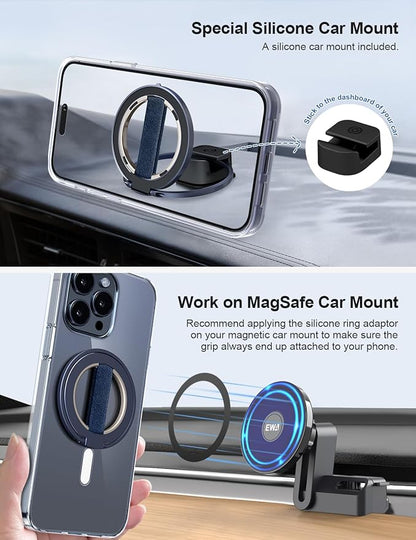 EWA MagOne Ultra Phone Grip Stand with Replaceable Elastic Finger Loop, Removable Magnetic Ring Holder Kickstand Loop, Double-Sided Magnetic Accessories for iPhone 16, 15, 14, 13 Pro/Max/Plus-Blue
