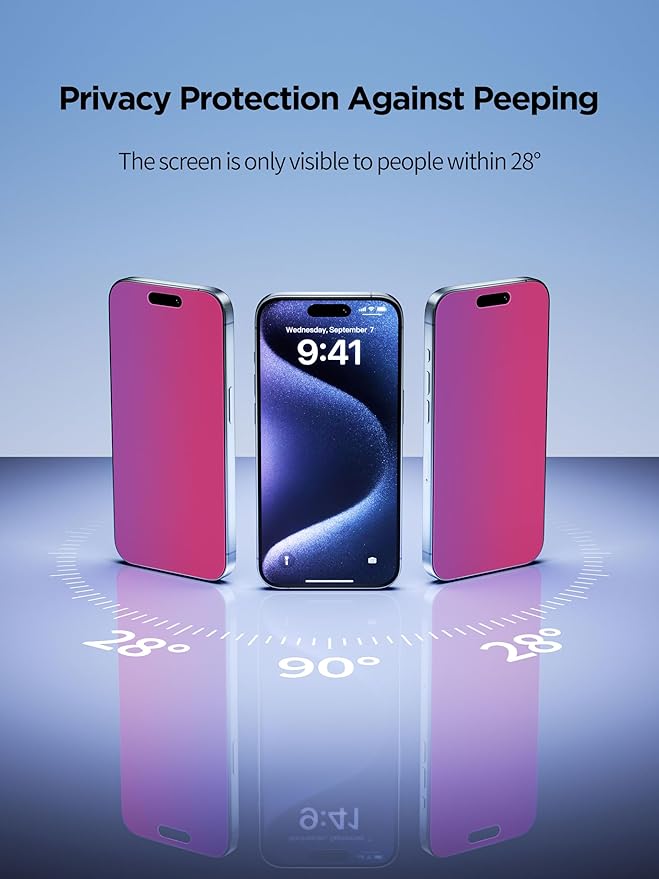 Compatible for iPhone 15 Pro Privacy Screen Protector Tempered Glass 6.1 Inch, Pink Gradient Anti Spy Anti Blue Light HD Easy Installation