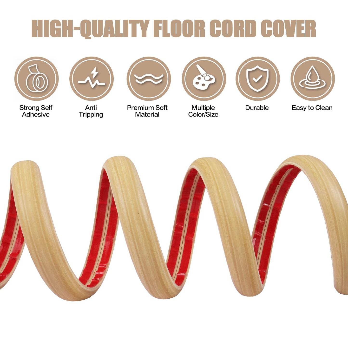 Floor Cord Cover Cavity 0.8"x0.37" Self Adhesive Cord Hider, 3.3FT Low Profile Cable Management, Extension Strip Protector for Wires, Prevent Cable Trips for Offices, Gyms (Wood Light Yellow)