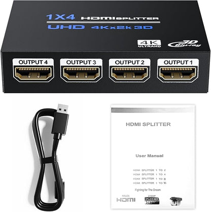 HDMI Splitter 1 in 4 Out 4K@30Hz, Powered 1x4 HDMI Video Splitter 4 Ports with Power Cord, Duplicate/Mirror Screen, Supports UltralHD 3D 1080P HDCP 1.4 for HDTV, STB, DVD, PS5/4/3, Projector, Etc