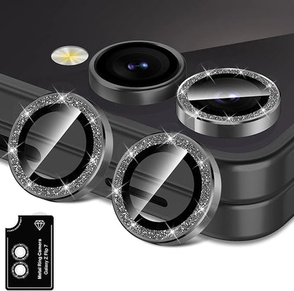 for Samsung Galaxy Z Flip 7 Camera Lens Protector, Individual Metal Ring Tempered Glass Lens Cover, [Strong Adsorption] Scratch Resistant Ultra-Thin HD Clear Lens Cover, 1 Set-Black Sparkly