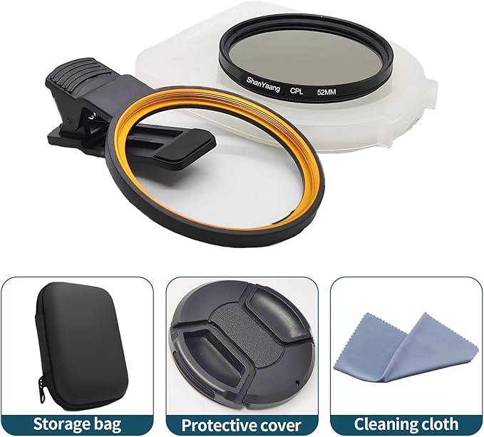 52mm Clip-on CPL Phone Camera Lens Filter, Polarized Camera Lens CPL Filter for iPhone 16 15 Pro Max Plus 14 13 Pro Max Mini 12 11 X XS Galaxy