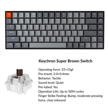 Keychron K2 75% Layout Bluetooth Wireless Mechanical Keyboard Super Switch/White LED Backlit/USB C/Anti Ghosting/N-Key Rollover, 84 Keys Gaming Keyboard for Mac Windows-Version 2