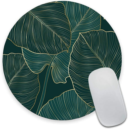 Mouse Pad, Round Computer Mouse Mat with Design, Non-Slip Rubber Base Small Mousepad, Waterproof Office Mouse Pads, Green Tropical Leaves