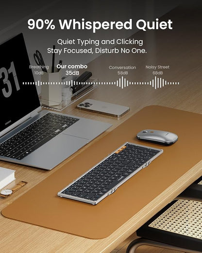 ProtoArc Foldable Keyboard and Mouse, XKM01 True Full-Size Folding Wireless Keyboard Mouse for Business Travel, a Portable Office Suite On-The-Go, Compatible with Laptop iPad Tablet - Black Silver