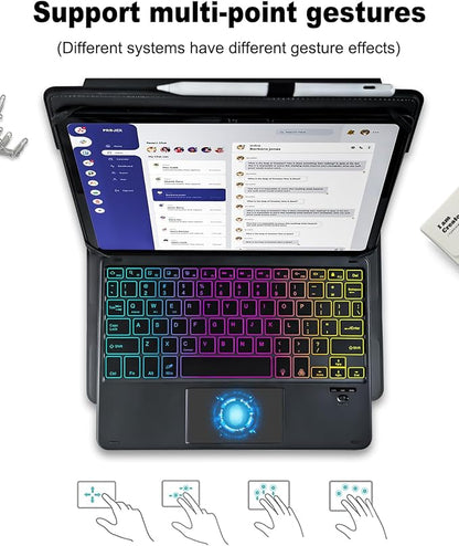 Universal Touchpad Keyboard Case for 9.7,10.1,10.2",10.5",10.9",11" Tablet, Rainbow Backlight TrackPad Keyboard with Type-C Charging Port fit 9.7-11 inch Android/iOS/Windows (Black)