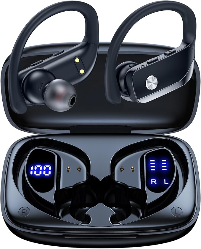 bmanl Wireless Earbuds Bluetooth Headphones Over Ear Hooks Ear Buds with 80H Playtime, LED Power Display, Dual Mic Clear Calls, Sports Wireless Ear Buds Bluetooth Earbuds for Running Gym Workout Black