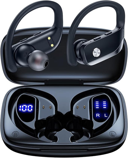 bmanl Wireless Earbuds Bluetooth Headphones Over Ear Hooks Ear Buds with 80H Playtime, LED Power Display, Dual Mic Clear Calls, Sports Wireless Ear Buds Bluetooth Earbuds for Running Gym Workout Black