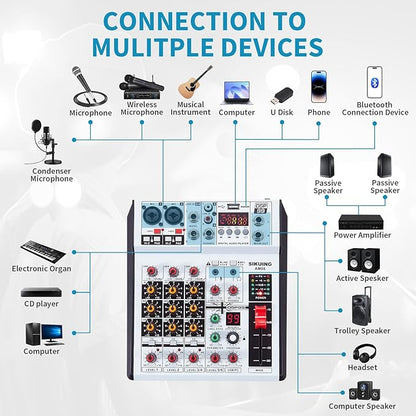 6 Channel Audio Mixer Professional Sound Board Console w/99 DSP Effects 48V Phantom Power Bluetooth USB Interface Stereo DJ Mixer Board for Karaoke Live Performance DJ Stage