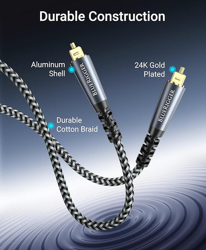 BlueRigger Digital Optical Audio Cable (15FT, Toslink Cable for Soundbar, Braided Fiber Optic, S/PDIF, Metal Shell) - Compatible with HomeTheatre, TV, Game Console (PS4, Xbox), DVR