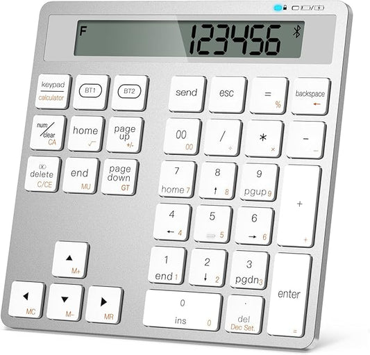 Rechargeable Wireless Number Pad for Laptop, 34 Keys Numeric Keypad with Dual Bluetooth & Display, 2-in-1 Numpad and Calculator, Slim Portable Number Pad Keyboard for Windows, Mac, PC, Tablet