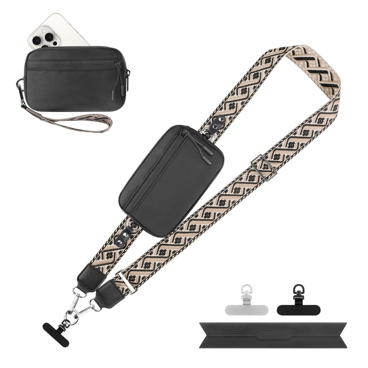 YFWE Clip and Go Strap for Phone with Wallet Crossbody, Adjustable Phone Lanyard with Detachable RFID Wristlet Wallet, Phone Strap with Phone Tabs for All Phones, Black Checkered (M)