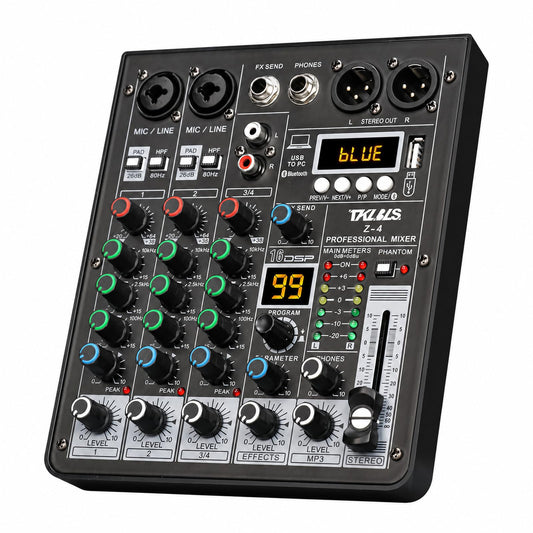 TKLBLS 4 Channel Audio Mixer for Home Audio, Sound Mixer Board with USB Interface, 99 DSP Effects, 48V Phantom Power, XLR Inputs for Karaoke, Recording