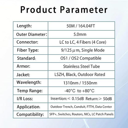 50M/165FT Outdoor Armored LC to LC Fiber Optic Cable, 4 Core OS2 Single Mode 9/125μm, Industrial TPU Jacket, OD 5mm, 4 Strands, SMF, Direct Burial, Heavy-Duty LC-LC Patch Cord for Harsh Environments