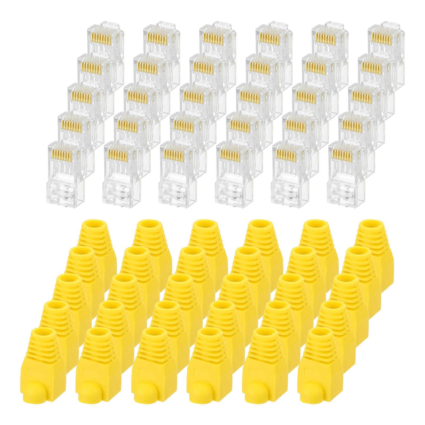 MECCANIXITY 30pcs Cat6 RJ45 Pass Through Connectors, RJ45 Connector 8P8C Gold Plated Plugs with 30pcs Yellow Strain Relief Boots for Solid or Stranded UTP Ethernet Cable, 1.1mm