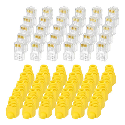 MECCANIXITY 30pcs Cat6 RJ45 Pass Through Connectors, RJ45 Connector 8P8C Gold Plated Plugs with 30pcs Yellow Strain Relief Boots for Solid or Stranded UTP Ethernet Cable, 1.1mm