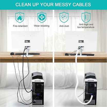 20ft - 1/2 inch White Cable Sleeve, Cable Organizer for Desk PC TV Computer, Wire Protector Cable Wrap Cover, Cord Management for Home Office