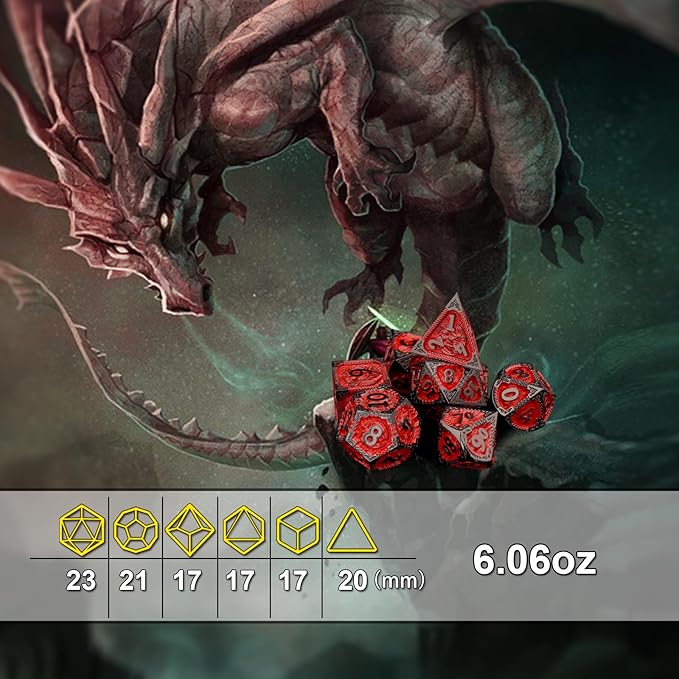 PJOY Metal DND Dice Set D&D Dragon Dice Black Red with Metal Case D and D Dice for Dungeons and Dragons TTRPG Gifts