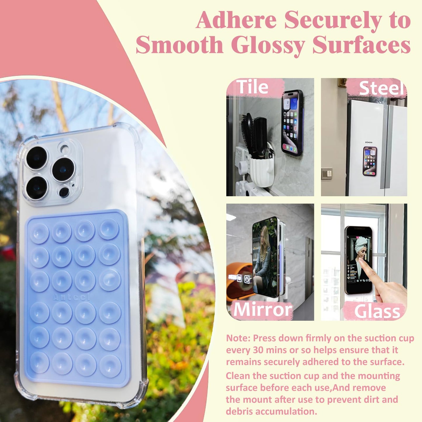 PKYAA Silicone Suction Phone Case Adhesive Mount, Upgraded Super Strong Grip, Durable, Easy to Use, Hands-Free Sticky Phone Holder for Selfies, Tiktok Videos, 2.56"x3.94" (TP&TP)