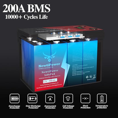 12V 300Ah Golf Cart Lithium LiFePO4 Battery with 200A BMS Grade A Cells Deep Cycle Rechargeable Battery,10000+ Cycles,Perfect for Golf Cart,Off Grid Applications (12.8V 300Ah)