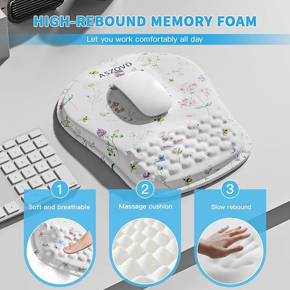 Mouse Pad with Wrist Rest, Ergonomic Mousepads with Wrist Support, Soft Lycra Fabric Memory Foam Office Desk Accessories for Comfort/Pain Relief/PC Gaming/Computer/Laptop (White Wild Plant)
