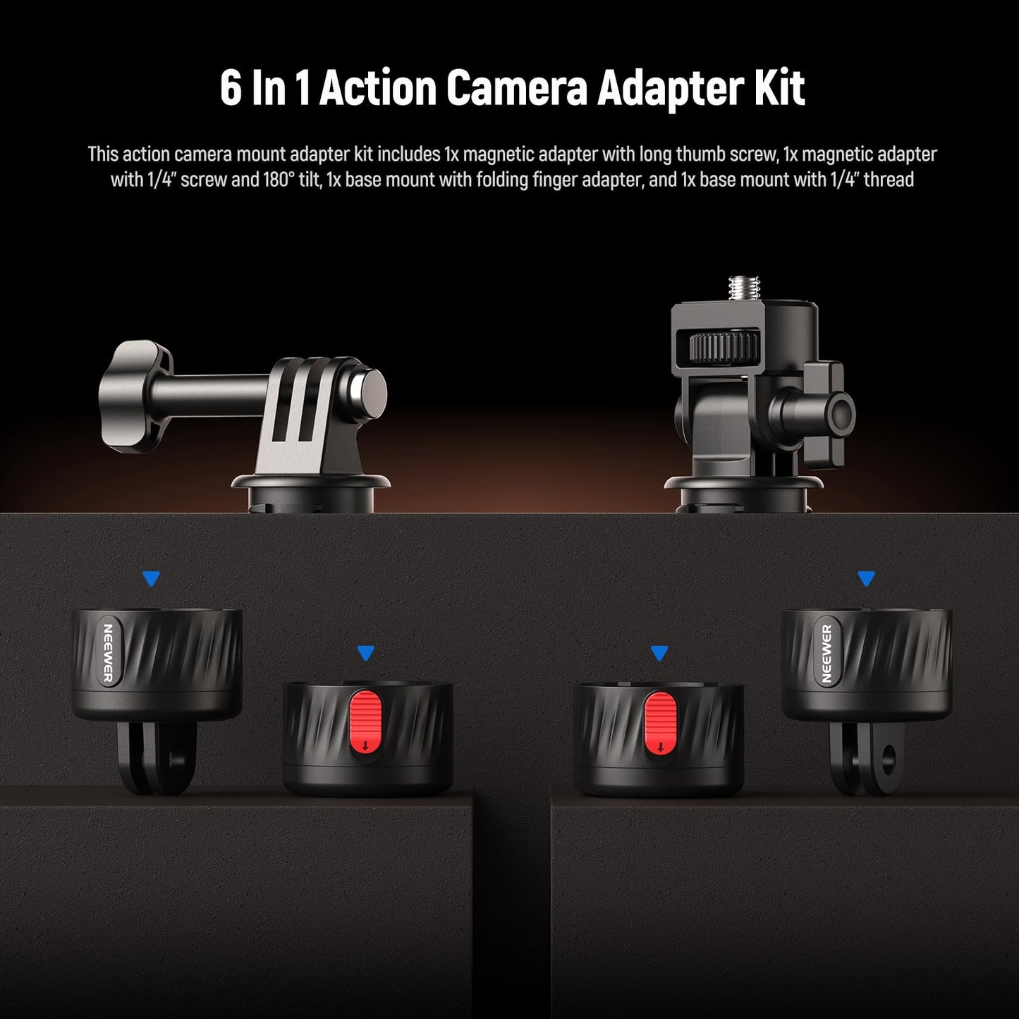 NEEWER Magnetic Action Camera Mount Kit, Compatible with GoPro Hero 13 12 11 Max DJI Osmo Action Insta360, ABS Magnetic Quick Release Mount for POV Shots, GP-24