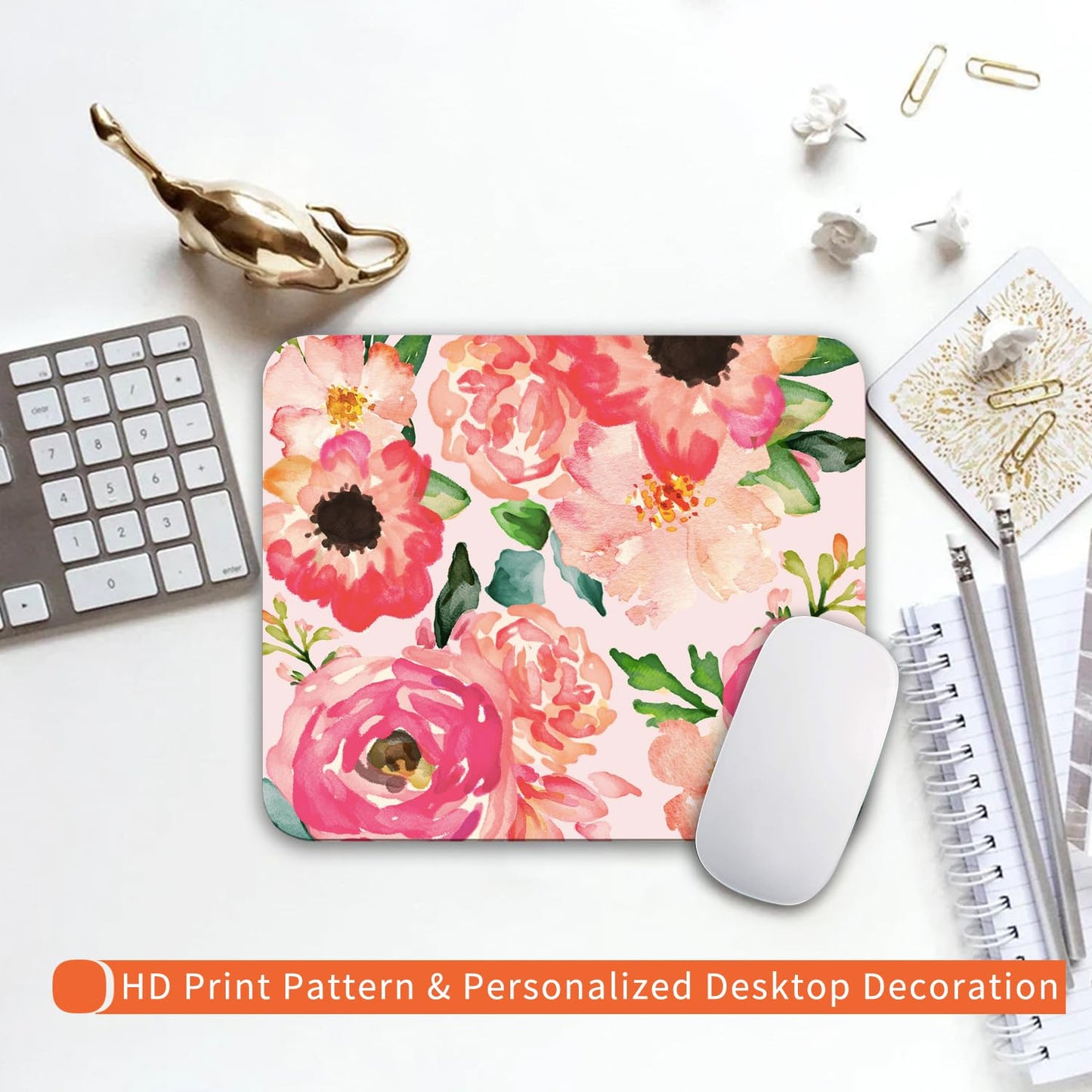 Armanza Square Mouse Pad Pink Watercolor Flower, Personalized Premium-Textured Custom Mouse Mat Design, Washable Mousepad Cloth, Non-Slip Rubber Base Computer Mouse Pads for Wireless Mouse