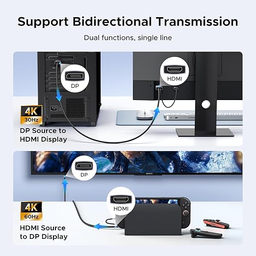 UGREEN 4K@60Hz Bidirectional HDMI to Displayport Cable Male to Male Adapter DP 1.2, HDCP 2.2, HDMI 1.4 4K@30Hz with USB Powered Compatible with Laptops, PC, Switch 2/PS5/Xbox/AMD/NVIDIA/Monitor, 6.6FT