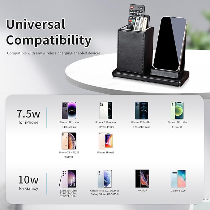 Wireless Charger with Desk Organizer, Wireless Charging Station for iPhone 13/13 Pro Max/13 Pro/12 Series/11/XS Max/XR/X/8Plus/SE 2, Wireless Charging Stand with Leather… (Black)