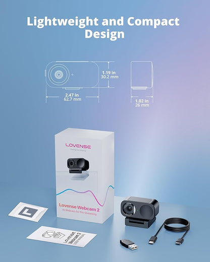 LOVENSE Webcam 2 4k for PC, Live Streaming Camera 1/2" Sensor True Focus Al Noise Canceling, Hand Gesture Control, Mobile Control, Auto Framing, Customizable Audio Modes, Microphones, Privacy Control