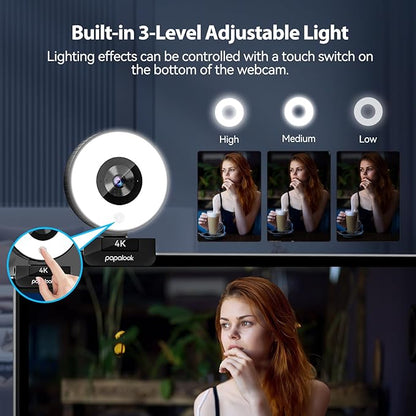 papalook 4K Autofocus Webcam with Light, UHD Web Camera with Remote Control and Dual Noise-Cancelling Mics, Plug and Play USB Webcams for PC Laptop Zoom Skype Teams Google Meet