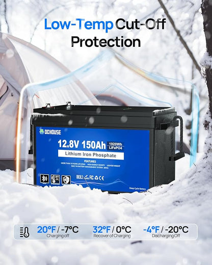 DC HOUSE 12V 150Ah LiFePO4 Lithium Battery with SOC Status Indicators, Bluetooth & Low Temp Cut-off, 12V Lithium Battery up to 15000 Cycles, 120A BMS Perfect for Trolling Motors, Marine, Boat, Solar