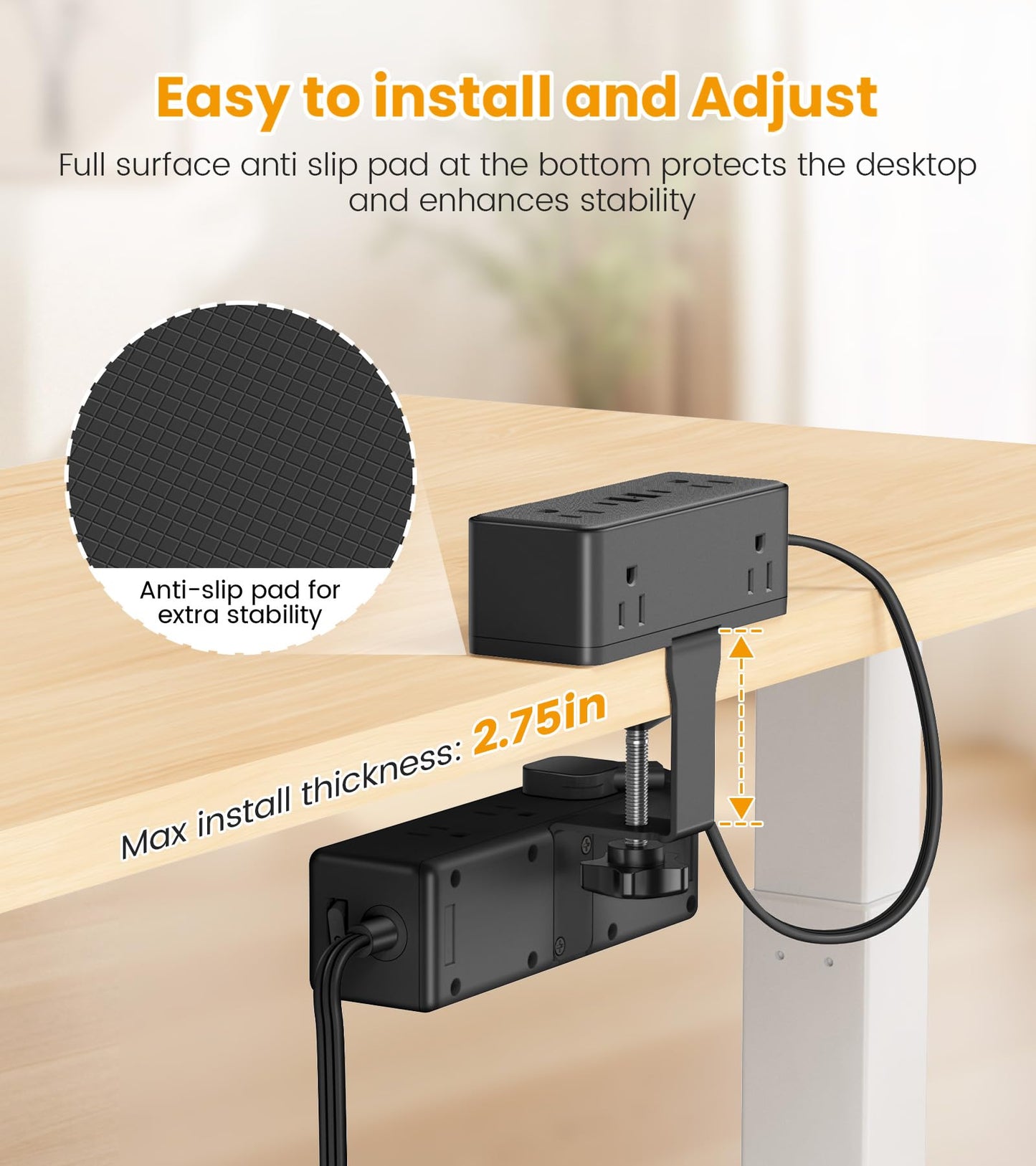VILONG Dual Layer Desk Clamp Power Strip, 13 Outlets, 20W USB-C, 10FT Cord