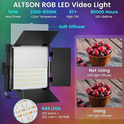 2-Pack RGB Photography Lighting Kit, 50W Bi-Color Professional LED Studio Lights, 2300k~8500k Dimmable Photo Lights for Photography Filming Camera Video Recording Stage Shooting Streaming TikTok