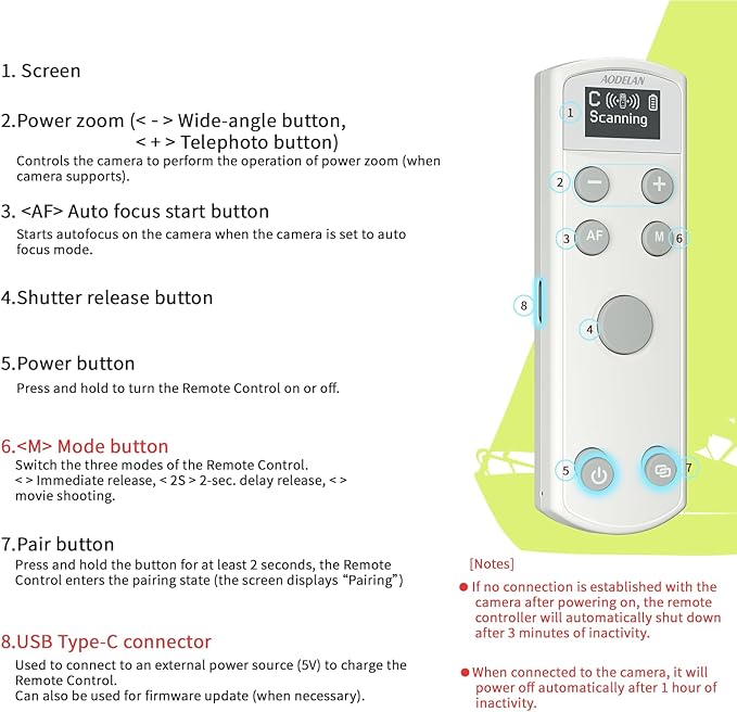 Remote Control for Canon Camera,Rechargeable Wireless Shutter Release with OLED Screen for Canon EOS RP, EOS R, R5, R6, M50, M50 II, 6D Mark II, 77D, 850D, 800D, Rebel T7i, T8i; Replaces BR-E1 (white)