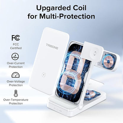 Wireless Charger, Tribone 3 in 1 Foldable Fast Charger for iPhone 17 16 15 14 13 12 11 Pro Max XR XS 8 Plus, for Apple Watch 11 10 9 8 7 6 5 4 3 2 SE Ultra,for AirPods Pro 4 3 2 (White)