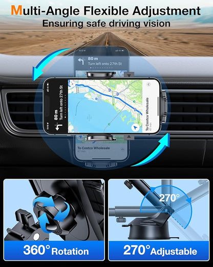 HTU [True Military-Grade] 2025 Upgraded Car Phone Holder 【Safety Certs & No Smell】 Cell Phone Holder for Car Mount for Dashboard Windshield Air Vent Long Arm Thick Case,Purple