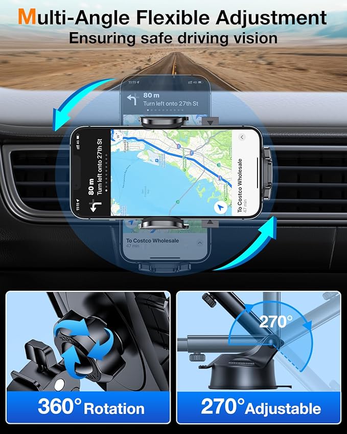 HTU [True Military-Grade] 2025 Upgraded Car Phone Holder 【Safety Certs & No Smell】 Cell Phone Holder for Car Mount for Dashboard Windshield Air Vent Long Arm Thick Case,Black