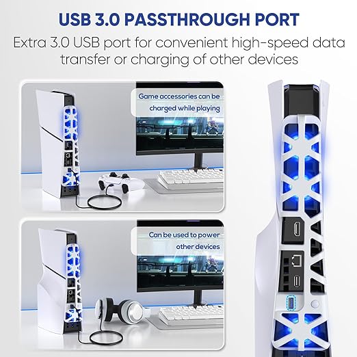 PS5 Slim Cooling Fan with Adjustable Speed - 3 Mode Speeds, Low Noise, Auto Power On/Off, with USB 3.0 Port, LED Light, Efficient Cooling System for PS5 Disc and Digital