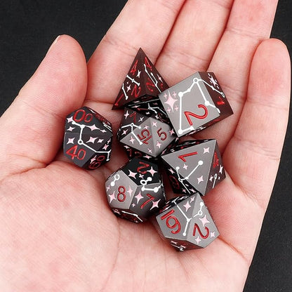 PJOY Metal Dice Set D&D Star Dice Set DND Polyhedral Dice for RPG Role Playing Games Dungeons and Dragons TTRPG Black Red Pink Dice