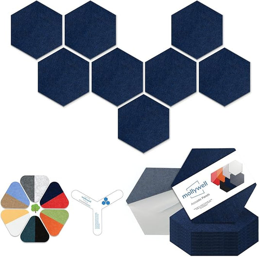 Mollywell Hexagon Acoustic Panels, High Density, Soundproofing, Decorative Noise Reduction Felt Wall Tiles for Ceilings, Home Office & Gaming Room (Deep Blue), 12x10x0.4 Inch