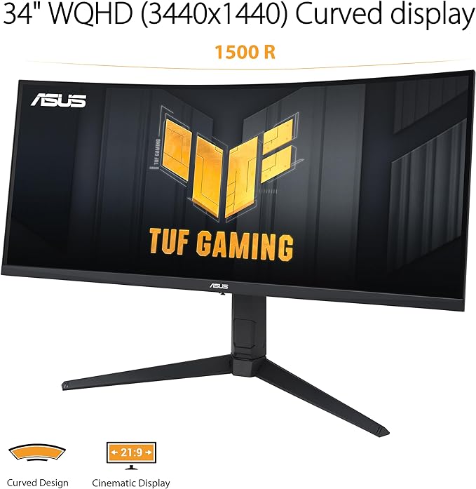 ASUS TUF Gaming 34” 1440P 1500R Curved Monitor (VG34VQL3A) - QHD (3440 x 1440), 180Hz, 1ms, Extreme Low Motion Blur, Freesync Premium Pro, 125% sRGB, DisplayHDR 400, Height Adjustable, 3 year warranty