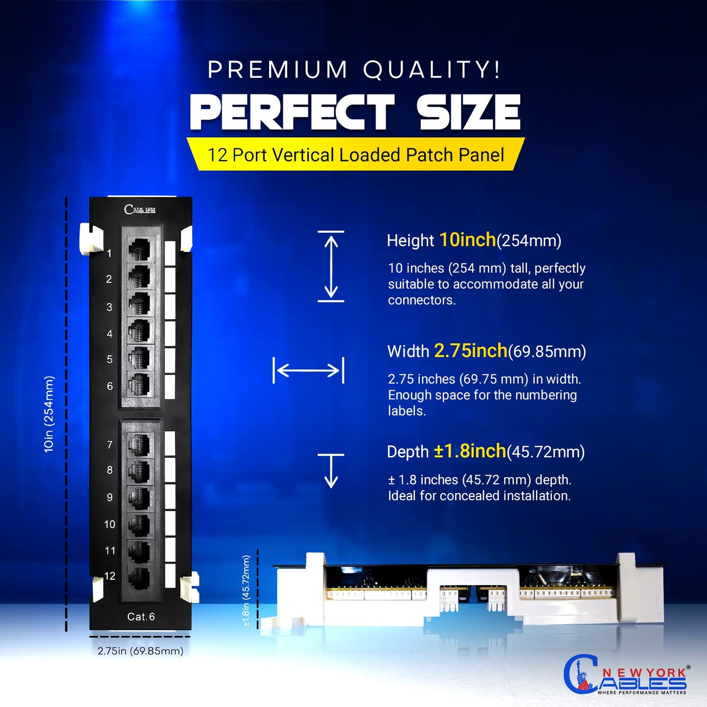 NewYork Cables 12 Port Vertical Cat6 Patch Panel – 10Gb Ethernet, 1U Wall Mount, T568A/B Color-Coded, Unshielded Keystone, 110/Krone Compatible, with Back Bar, Cable Ties & Screws