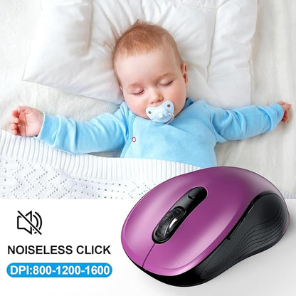 WisFox 2.4G Wireless Mouse for Laptop, Ergonomic Computer Mouse with USB Receiver and Type-C Adapter, 3 Adjustable Levels, 6 Button Cordless Wireless Mice for Windows Mac PC Notebook (Purple)